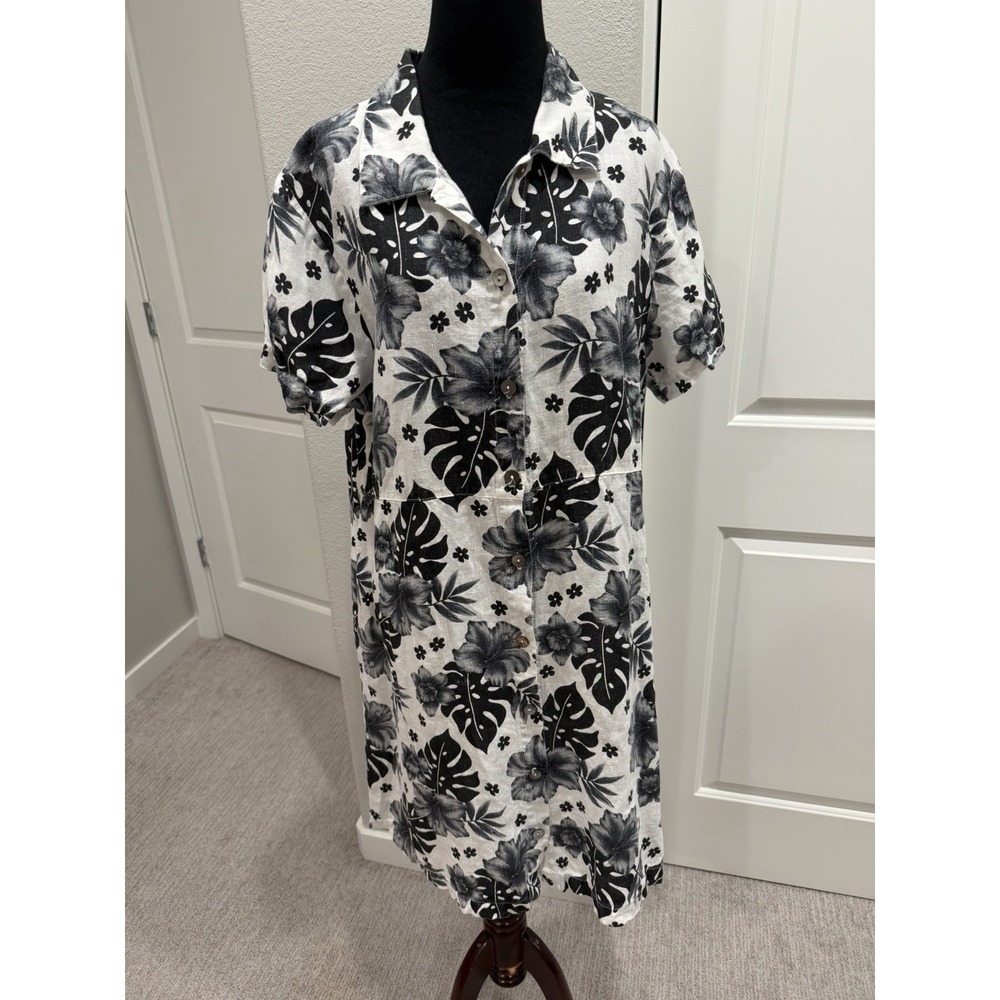 Vntg Hot Cotton By Marc Ware Linen Floral Print Dress L Black/White Tropical USA